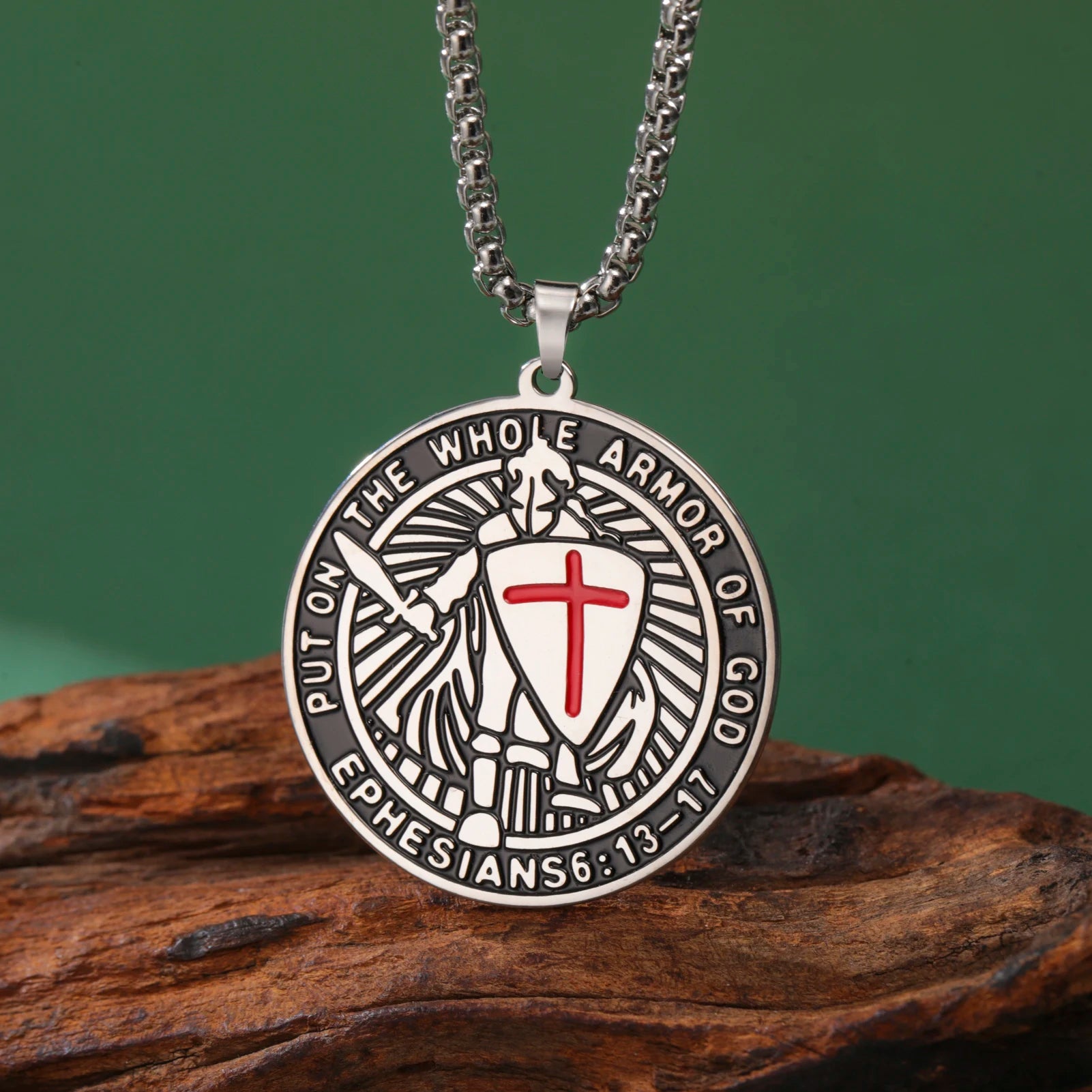 Vintage Stainless Steel Knight Shield Charm Necklace Engraved Knight Shield Enamel Cross Pendant Necklace Jewelry Gifts for Men