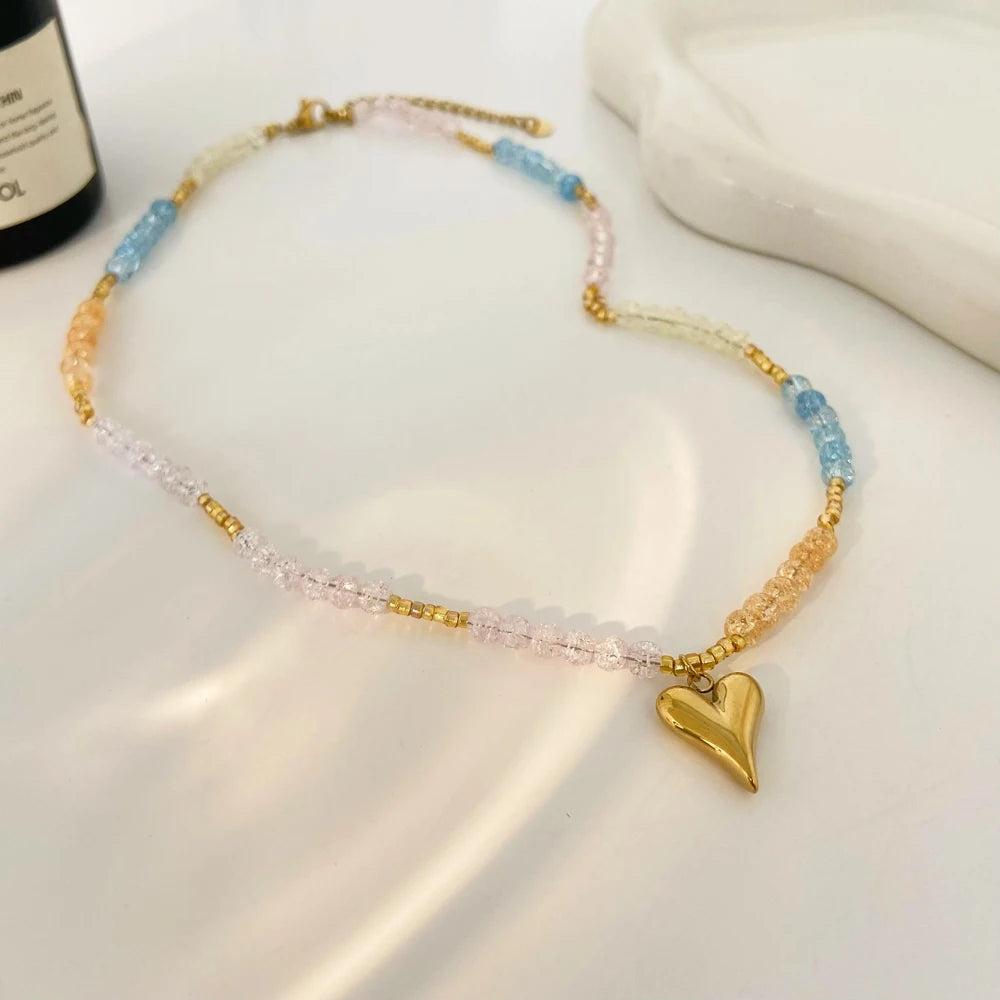 Colorful Beaded Pearl Heart Pendant Necklace Fashion Jewelry 2025 Bohemian Style Titanium Steel Gold-plated Necklace