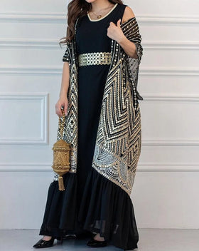 2024 Spring Summer Cross Border Printing Fashion Urban Leisure Bat Sleeves Drawn Pleated Printed with Belt Two Piece