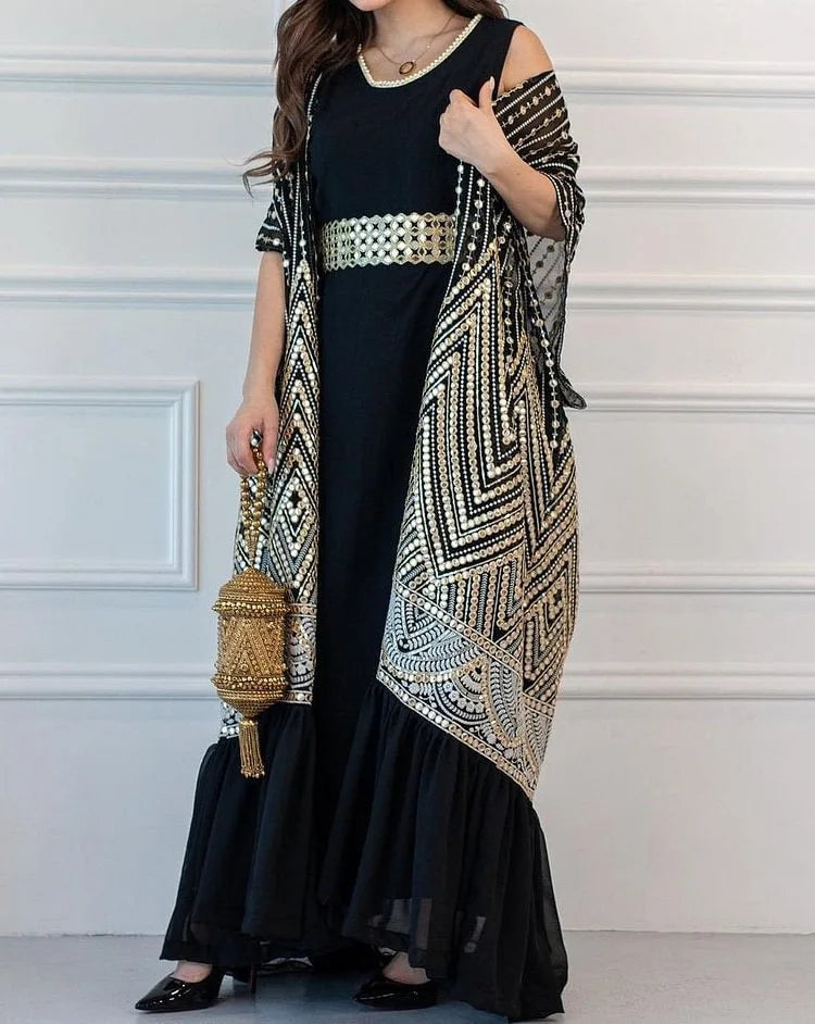 2024 Spring Summer Cross Border Printing Fashion Urban Leisure Bat Sleeves Drawn Pleated Printed with Belt Two Piece