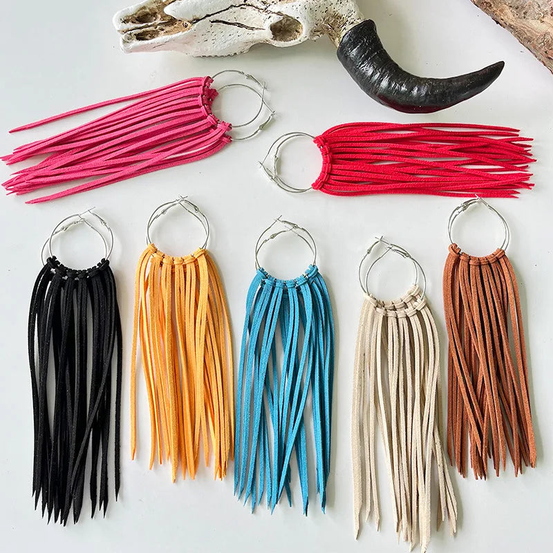 Western Cowboy Tassel Large Hoop Earrings Ethnic Solid Color Long Strip Leather Dangle Earrings Wholesale