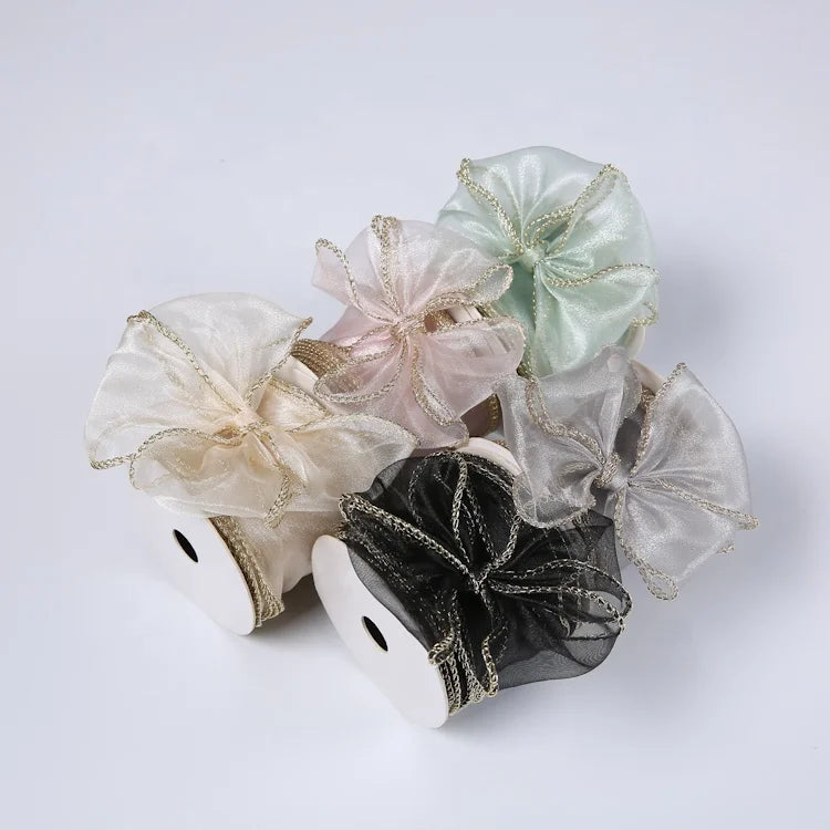 Custom Fashion Fishtail Organza Wired Gold Edge Ribbon Packing Tape Sheer Solid Colors Luxury Style 100% Polyester