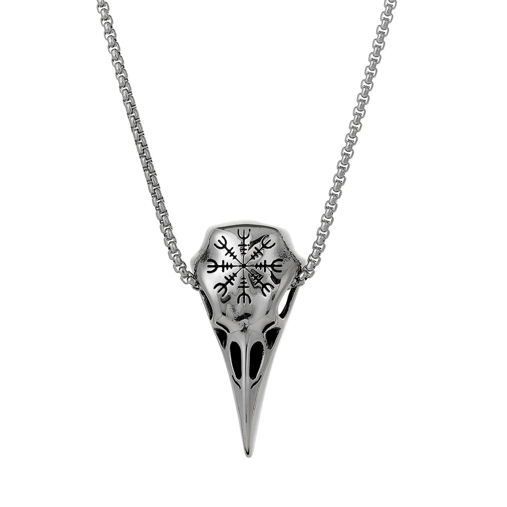Norse Viking Raven Skull Men's Pendant Necklace Silver Stainless Steel Helm of Awe Pendant Necklace for Man