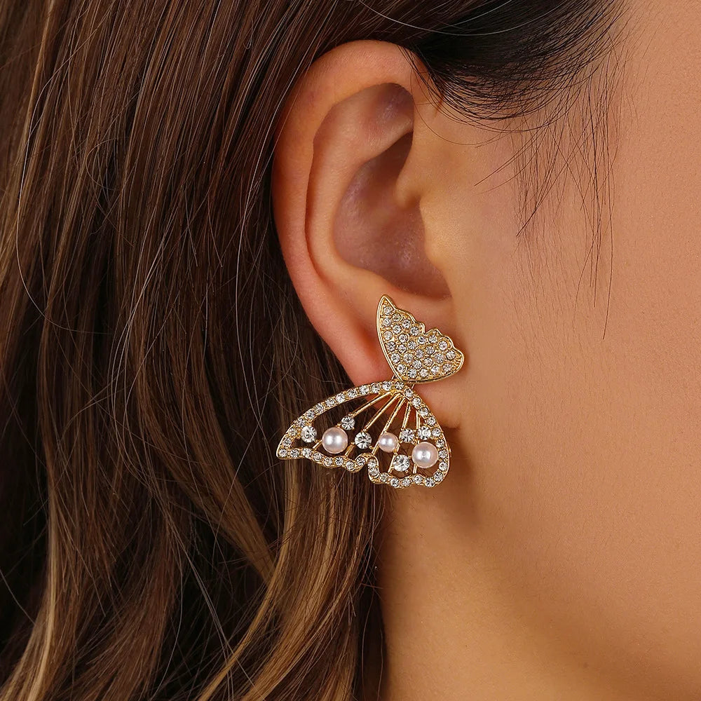 New Arrival Full Diamond Hollow Gold Plated Jewelry Butterfly Wing Stud Earrings