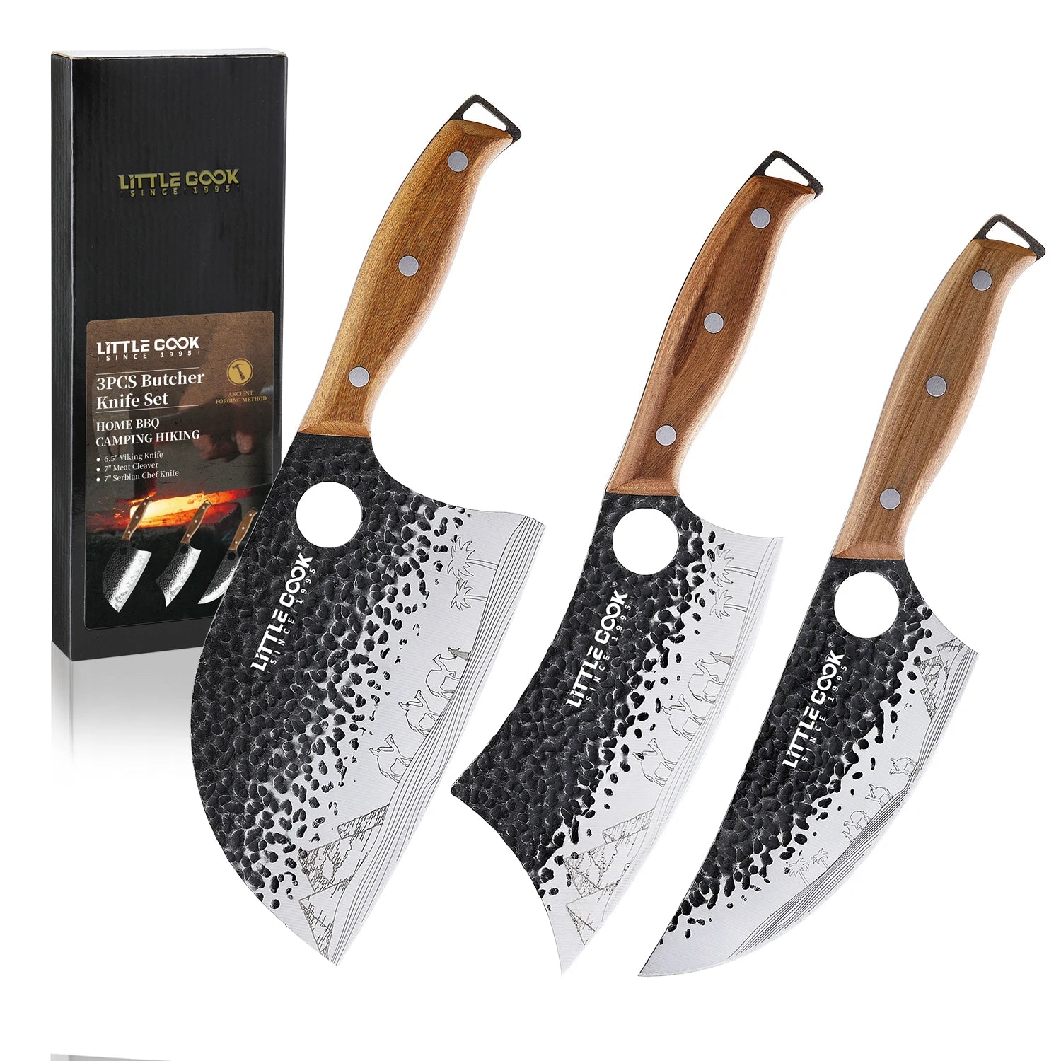 3pcs Stainless Steel Kitchen Butcher Knife Set with Luxury Wooden Handle