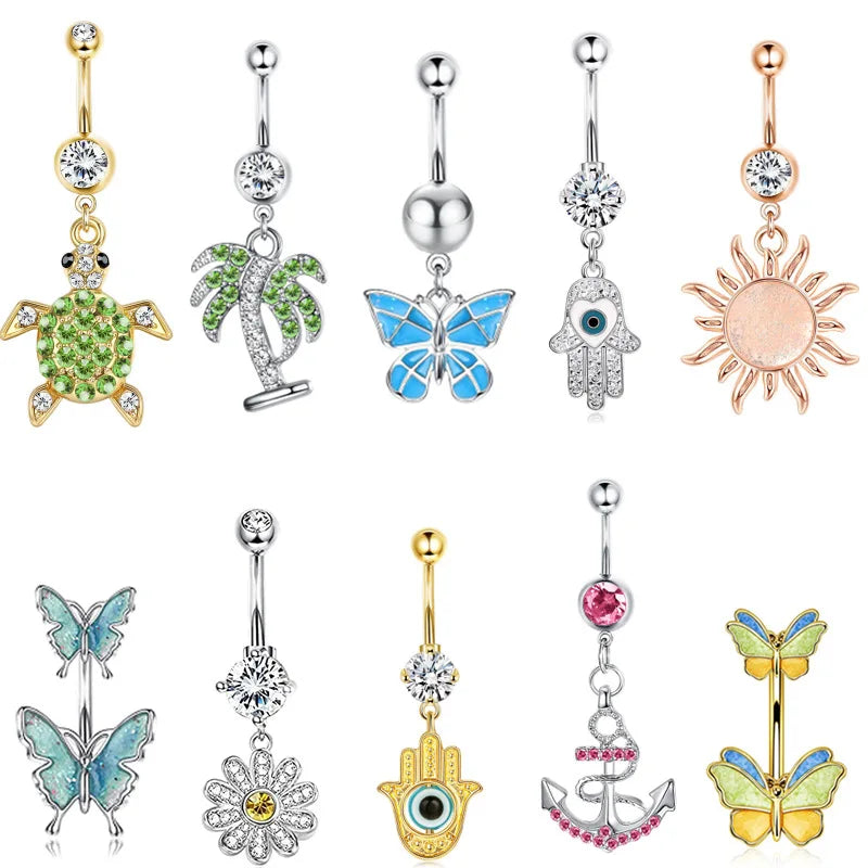 Stainless Steel Piercing Jewelry Turtle Butterfly Belly Button Studs Multi-color Zirconia Belly Button Ring Gifts for Women