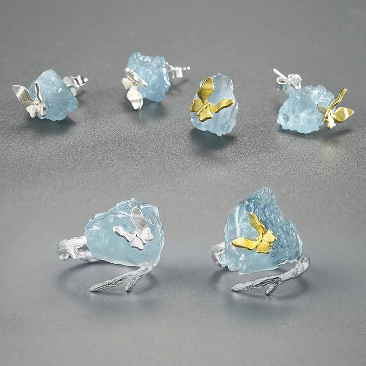 Wholesale Hand Made 925 Sterling Silver18k Gold Natural Aquamarine Stone Butterfly Dragonfly Stud Earring Fine Jewelry for Women