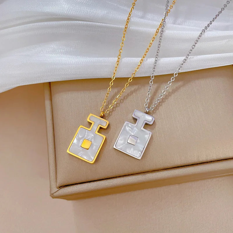 Titanium Steel Shell Perfume Shape Pendant Necklace Charm Choker Chain for Women Wedding Engagement Stainless Steel Jewelry