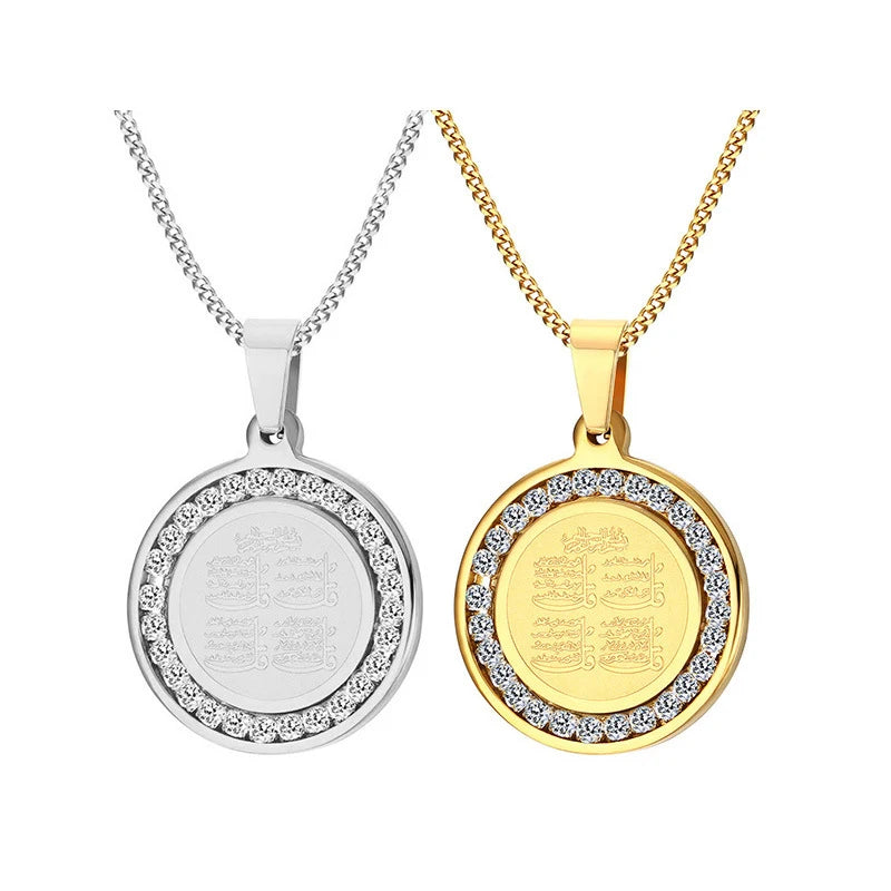 Piety 4 QUI Stainless Steel Pendant Necklace Charm Islam Muslim Arabic Rhinestone Baby Allah Charms