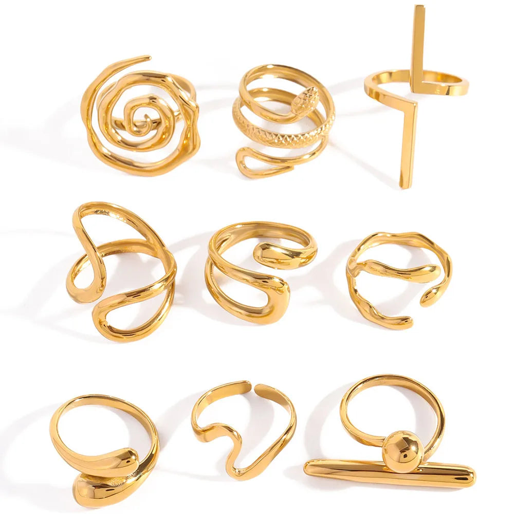 Trendy 18K Gold Plated Stainless Steel Hypoallergenic Rings Waterproof Twisted Smooth Line Rings Fashion Daily Jewelry for Women