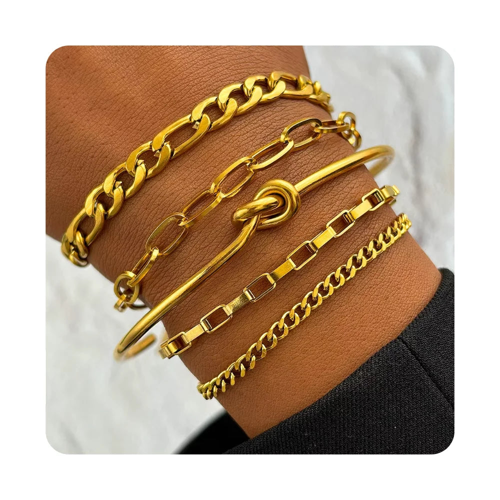 5 Pcs/set Waterproof 18K Gold Plated Bracelet Stainless Steel Link Chain Multi Layer Stackable Bracelet Set Jewelry for Women