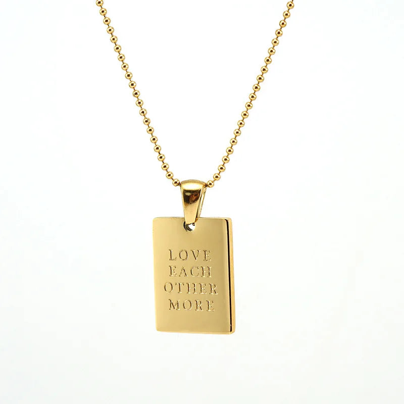 Personality 18K Gold Plated Engraved Letter MORE SELF LOVE Square Pendant Necklace Stainless Steel Link Chain