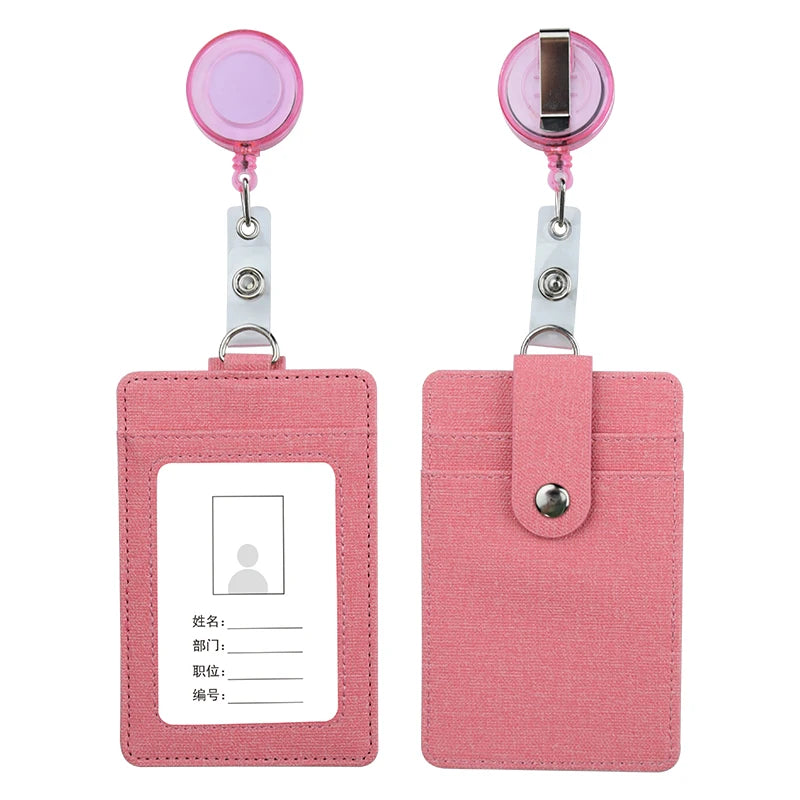 Lebei PU Leather Business Card Holder with Badge Reel Lanyard Letter Pattern Design Use for Credit Cards and ID