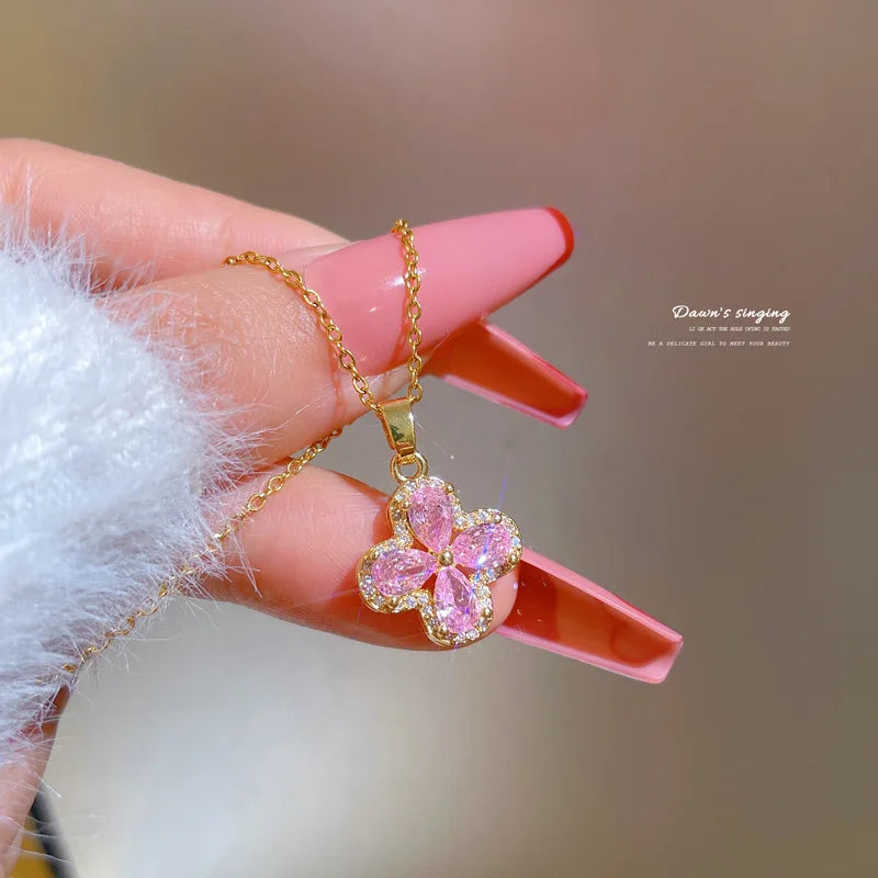 Bling 18k Gold Plated Titanium Steel Pink Diamond Butterfly Necklace Shining Cubic Zircon Butterfly Pendant Necklace