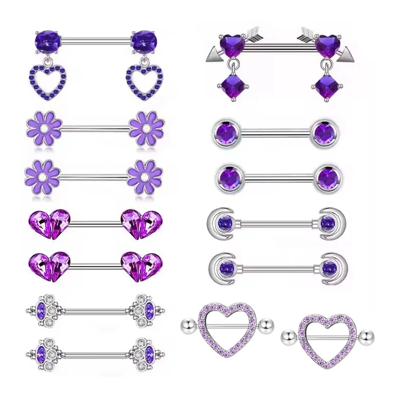 Stainless Steel Body Accessories Purple Straight Heart Breast Ring Flower Pendant Body Chain Breast Nail Piercing Accessories MegaBDM