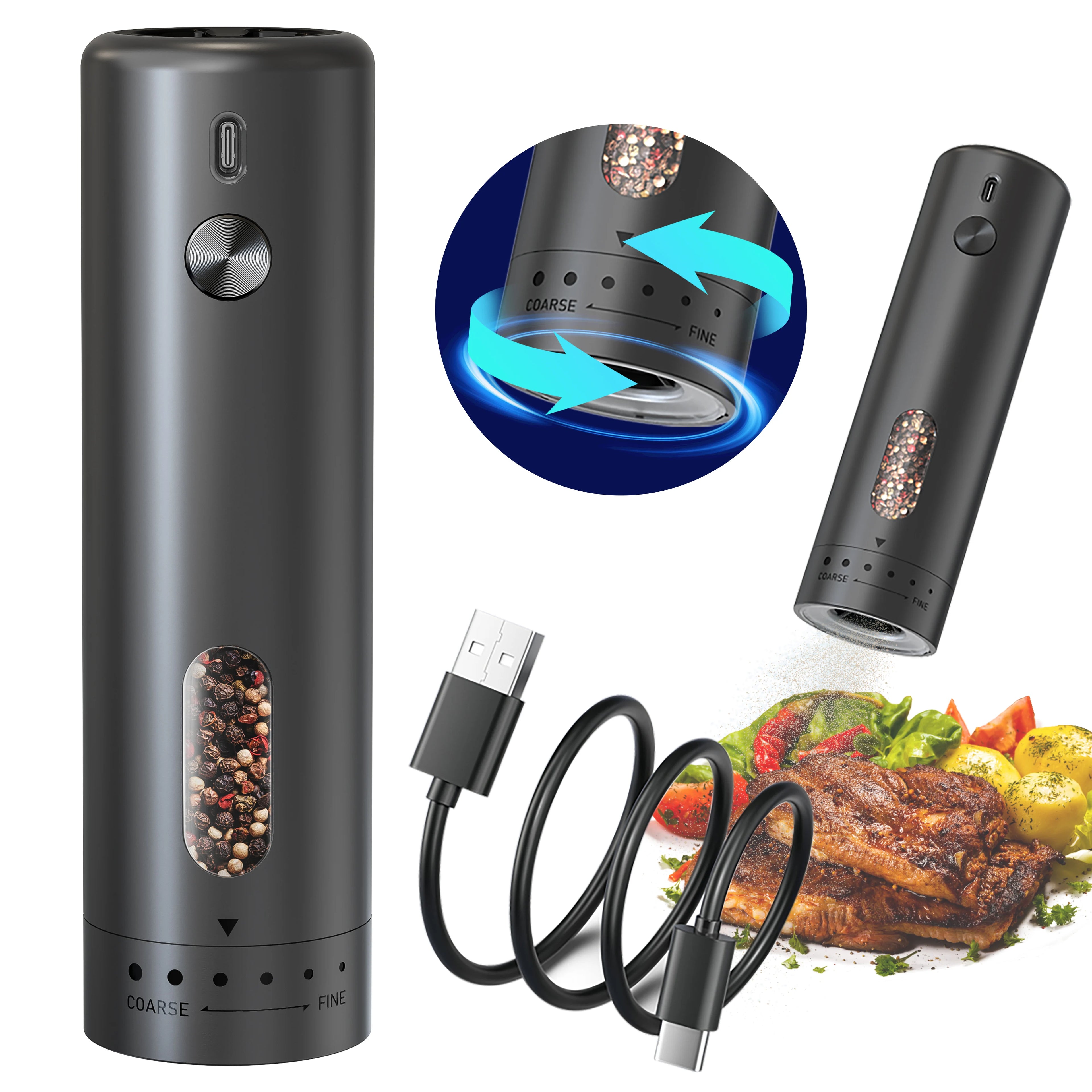 MUYI NEW Black Plastic Pepper Grinder Set Automatic USB Rechargeable Eco-Friendly External Adjustable