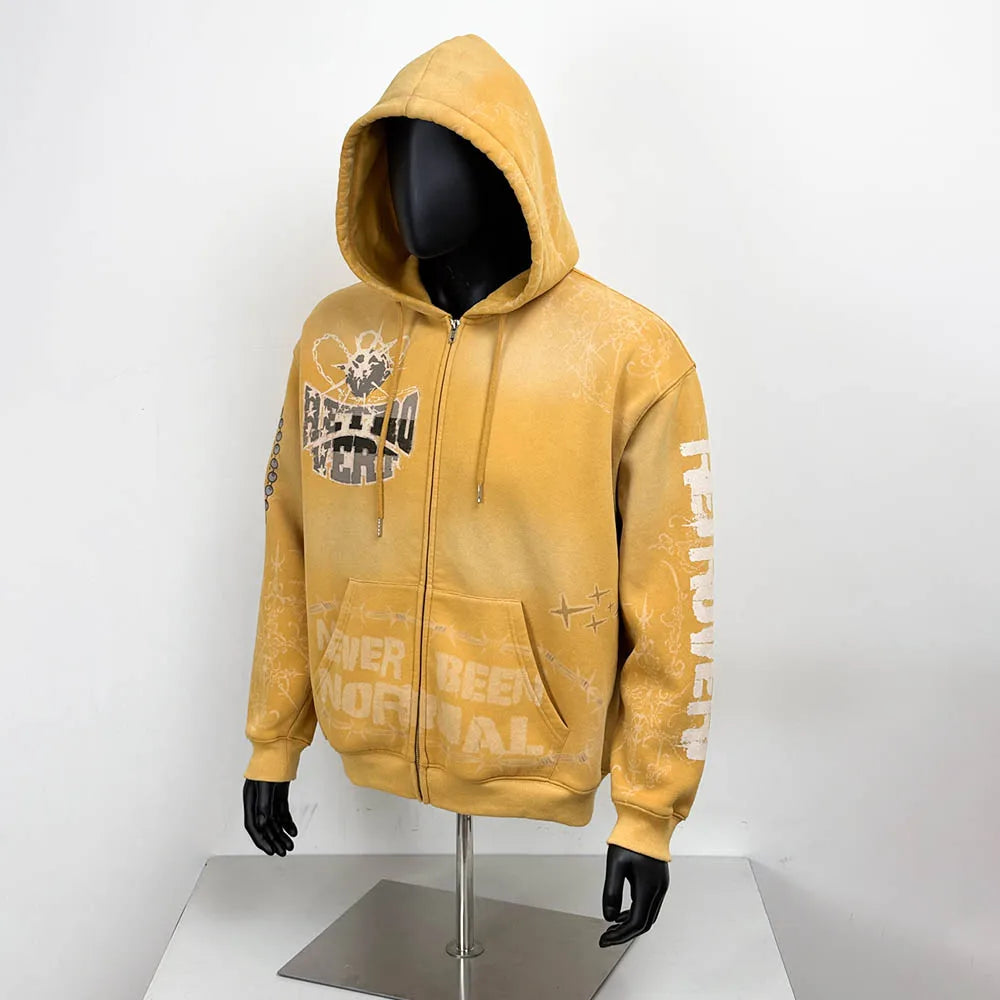 TOPSHOW Streetwear Custom Men's Heavyweight Cotton Distressed Vintage Acid Wash Zip up Graphic Hoodie Jacket for Men