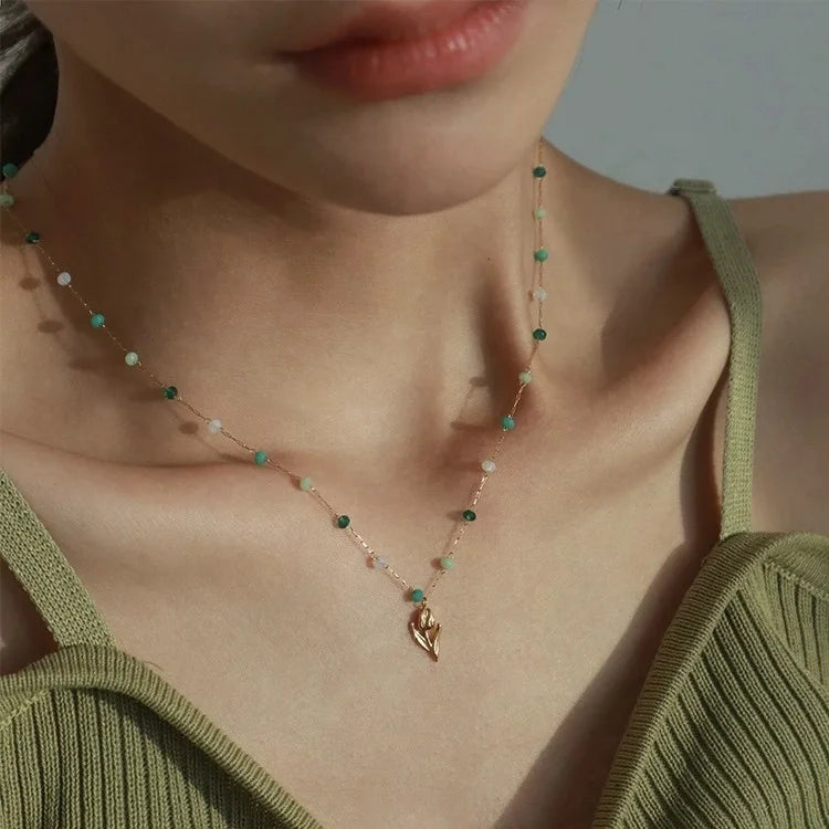 2022 Dazan New Summer Ins 18k Gold Plated Tarnish Free Stainless Steel Shell Tulip Flower Pendant Gold and Jade Necklace Women