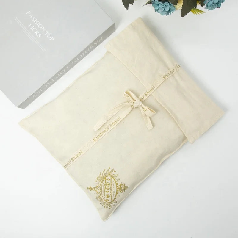 Custom Logo Printing Cotton Canvas Pillow Pouch Bag with Bow Recyclable Envelope Dust Cover for Clothes or Socks