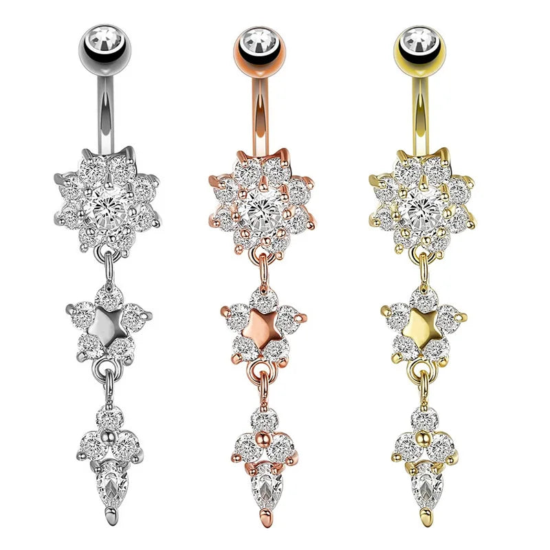 Hypoallergenic Gold Stainless Steel Belly Button Ring Long Dangled Flower CZ Crystal Elegant Navel Piercing Rings for Engagement