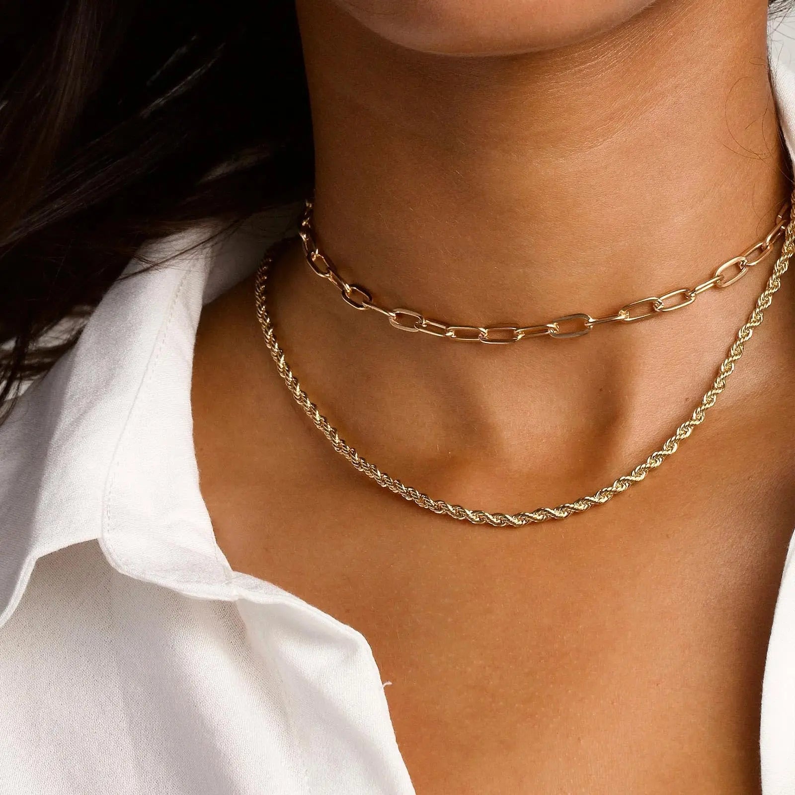 Simple Gold Plated Cuban Chain Necklace Double Layer Paperclip Rope Chain Necklace Jewelry Gifts for Women