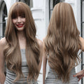 HAOLING Wig Manufacturer Long Loose Wavy Mixed Brown Blonde Synthetic Wigs With Bangs Rose Mesh False Scalp Wig