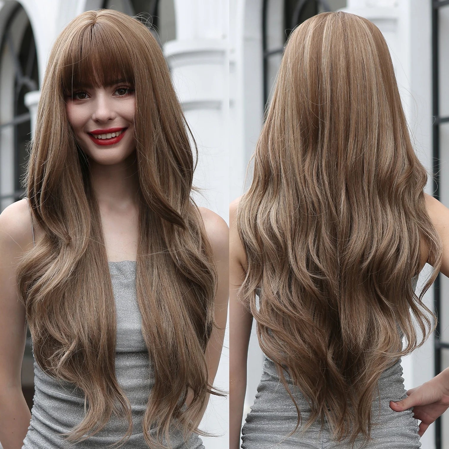 HAOLING Wig Manufacturer Long Loose Wavy Mixed Brown Blonde Synthetic Wigs With Bangs Rose Mesh False Scalp Wig