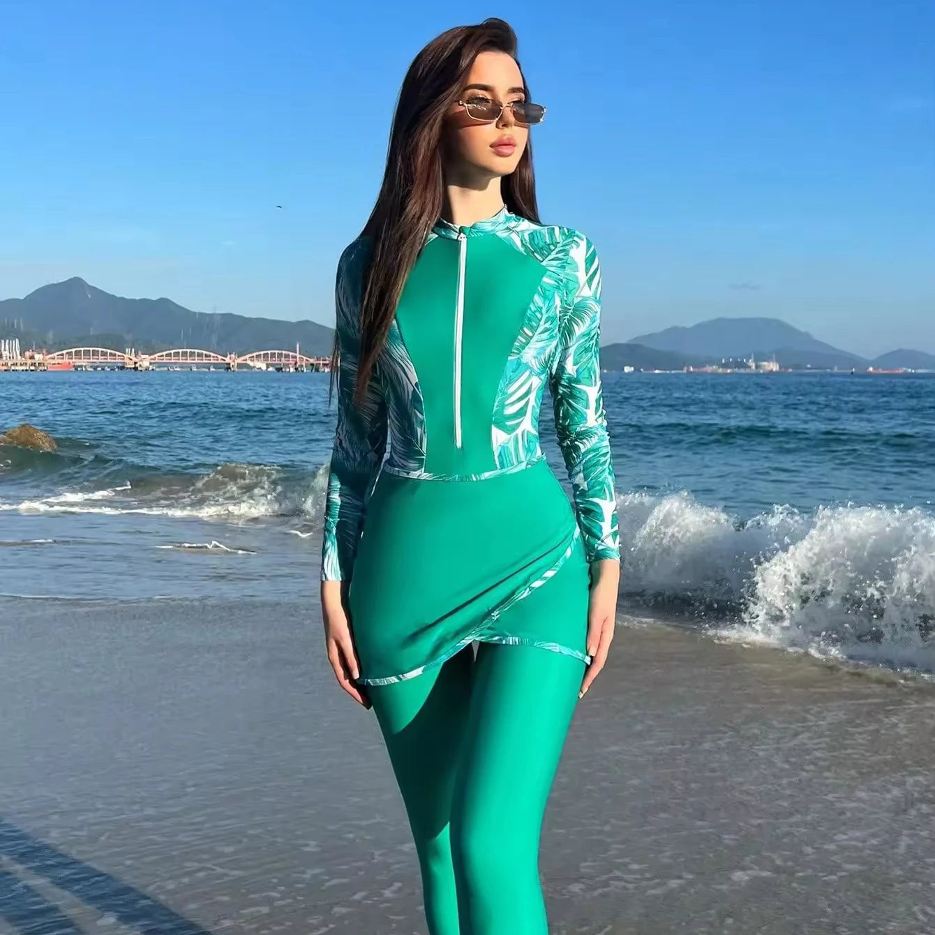 New Fashion Moderate Printed Burkini Long Zipper Robe Dress Plus Size Muslim Women's Swimwear