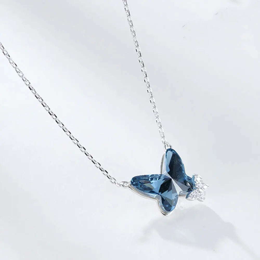 Korean Crystal Pendant butterfly Necklace Women Sterling Silver