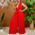 S-3XL Summer New Fashion V-Neck Sleeveless Turndown Collar Loose Pleated Wide Leg Jumpsuit