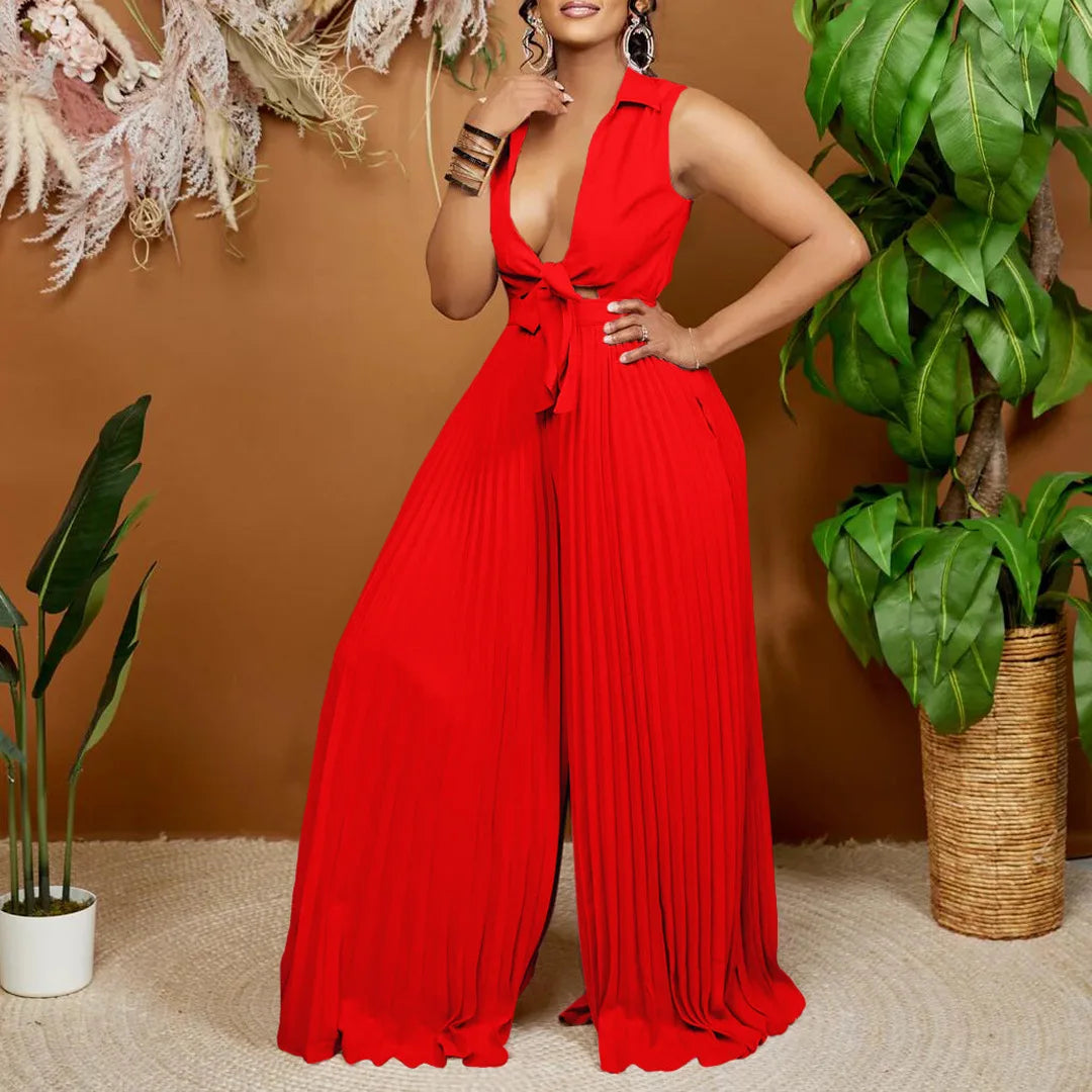 S-3XL Summer New Fashion V-Neck Sleeveless Turndown Collar Loose Pleated Wide Leg Jumpsuit