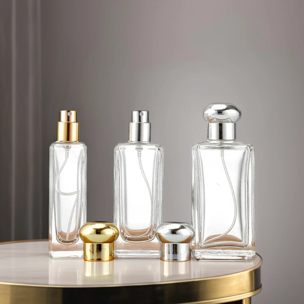 Wholesale Luxury 30ml/50ml/100ml Press Spray Glass Perfume Bottle Cylinder Style with Screw Cap PP Collar Travel Cosmetics Serum