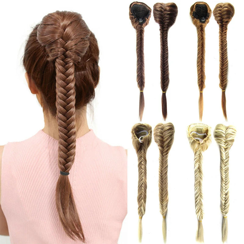 Synthetic Hair Braided Plaited Fishtail Fishbone Drawstring Ponytail Extension Chignon Hairpiece Fishtail Ponytail