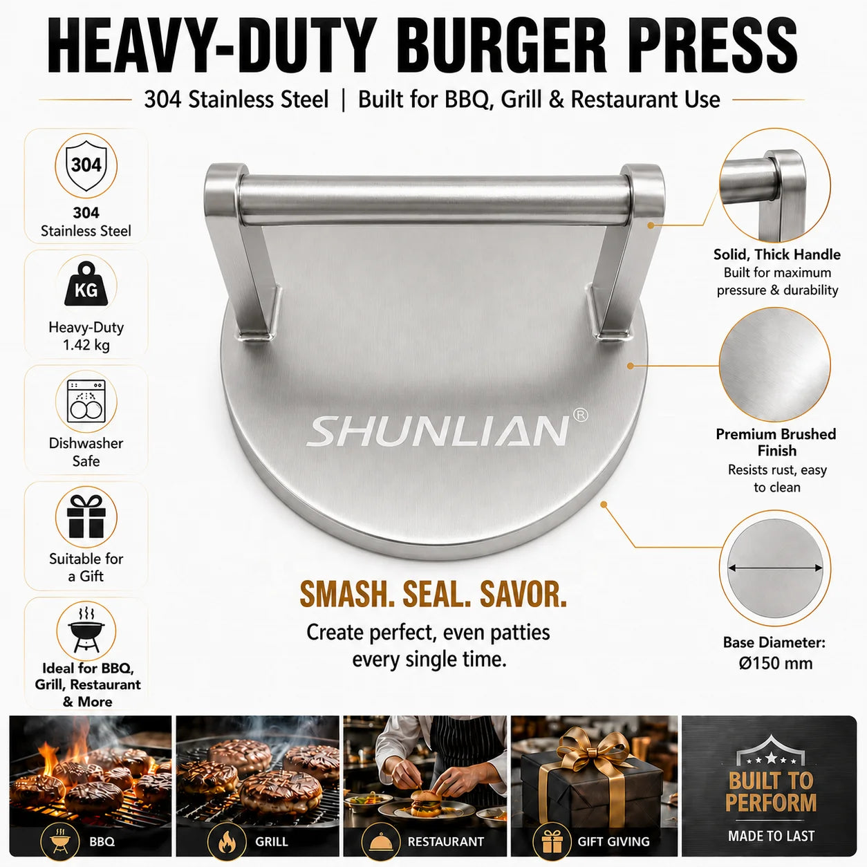 Heavy Duty 5.9 Inch Dia Stainless Steel Smash Burger Press Custom Logo BBQ Smash Burger Tool for Griddle Cooking Searing
