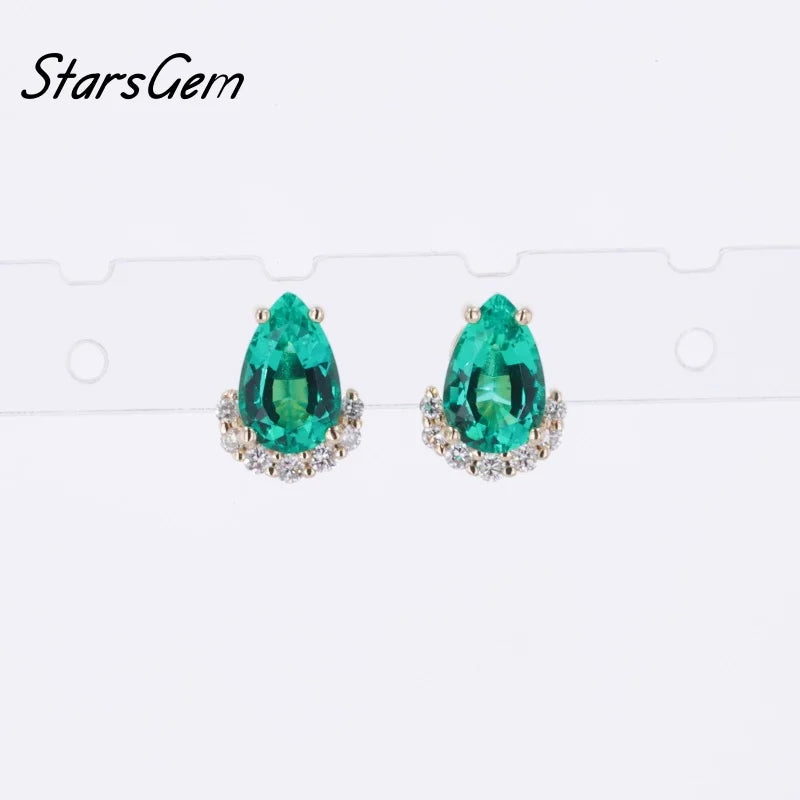 Lab Grown Emerald Stud Earrings Columbiapear Emerald Solid Gold Earring 0.8ct Lab Emerald Gemstones Earrings Stud