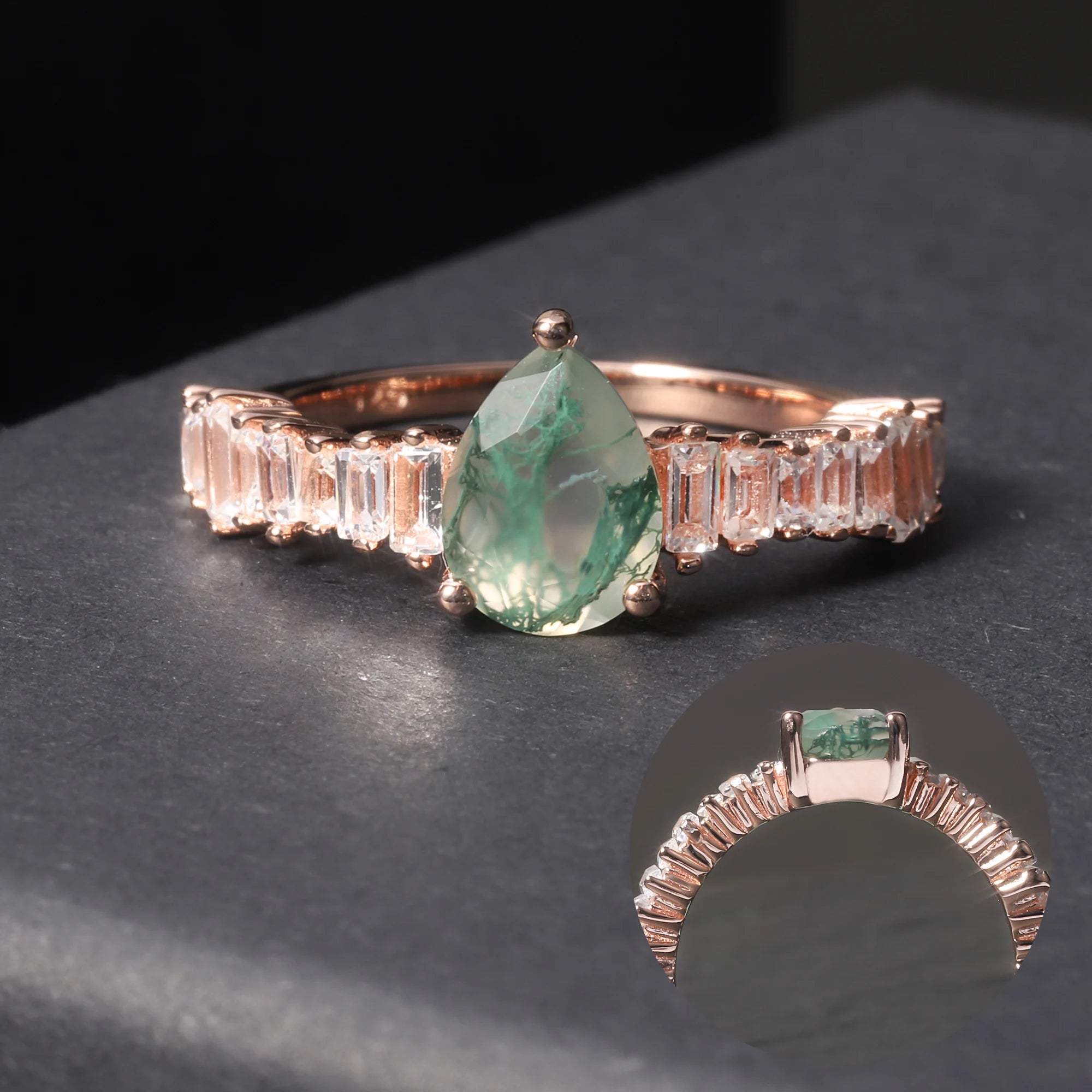OL0118 Abiding Jewelry Rose Gold Plated 925 Sterling Silver Pear Cut 6X8mm Gemstone Moss Agate Ring With White Cubic Zirconia