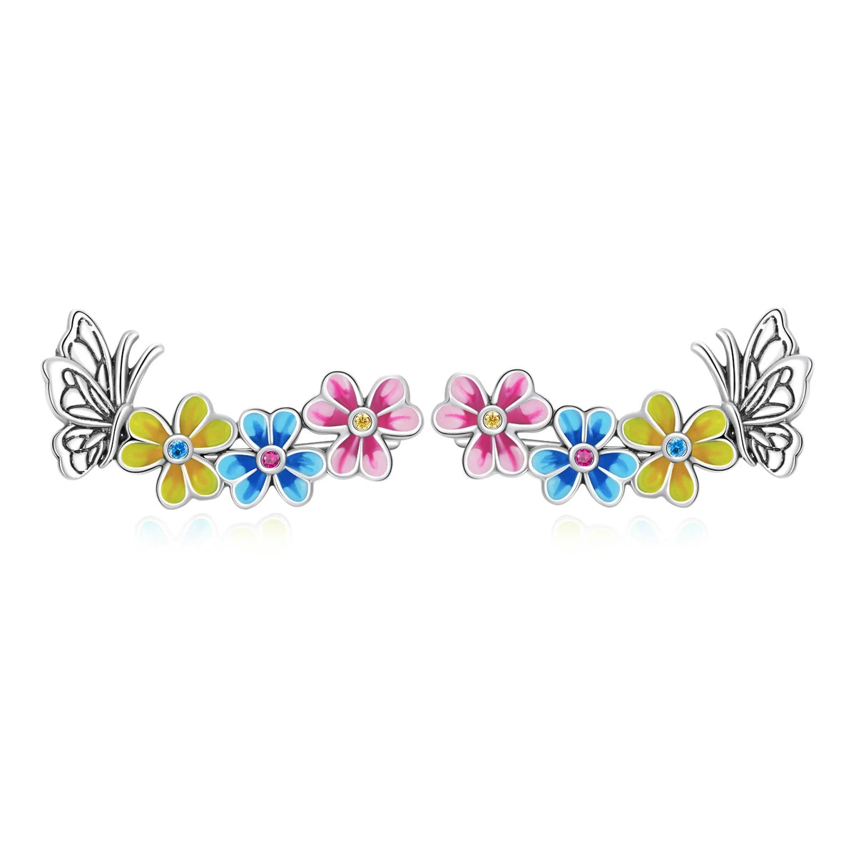Factory Wholesale 925 Sterling Silver Pink Blue Yellow Insect Butterfly Flowers Stud Earrings for Women Fashion Jewelry SCE1393