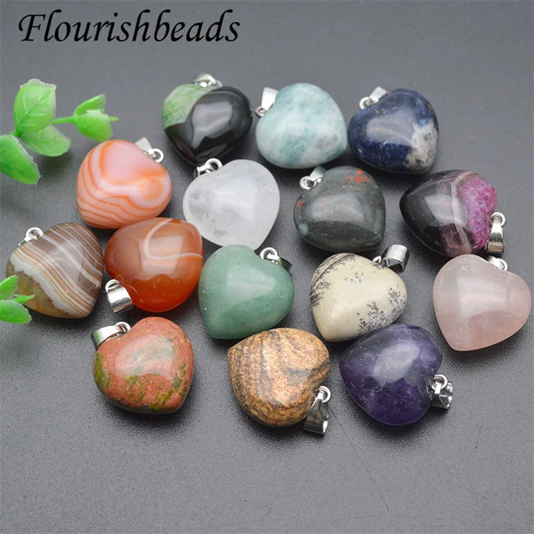 Silver Plating Natural Large Stone Selections Healing Unakite Agate Crystal Quartz Amethyst 20mm Heart Gemstone Charm Pendants
