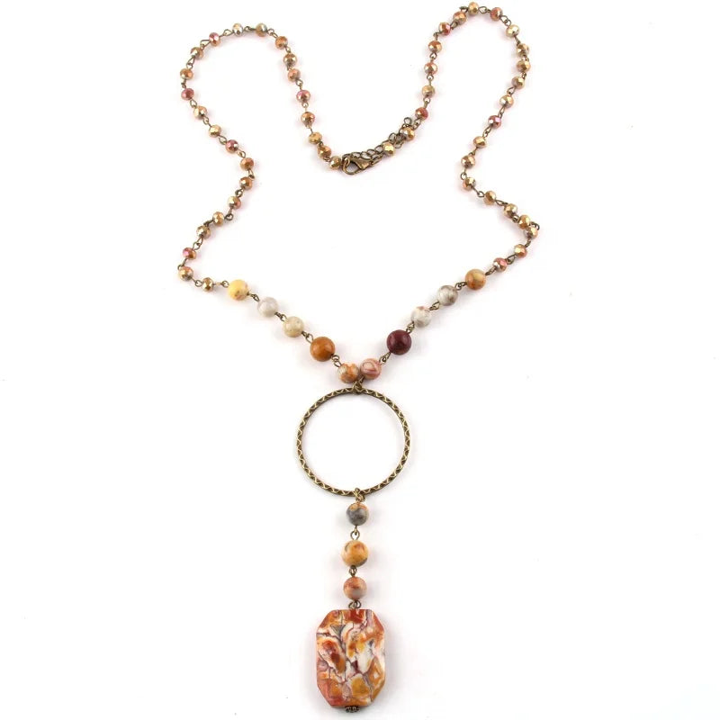 Fashion Women Bronze Circle Gold Glass Rosary Chain Toroidal Necklace Octagon Natural Stone Pendant Crazy Agate Necklace