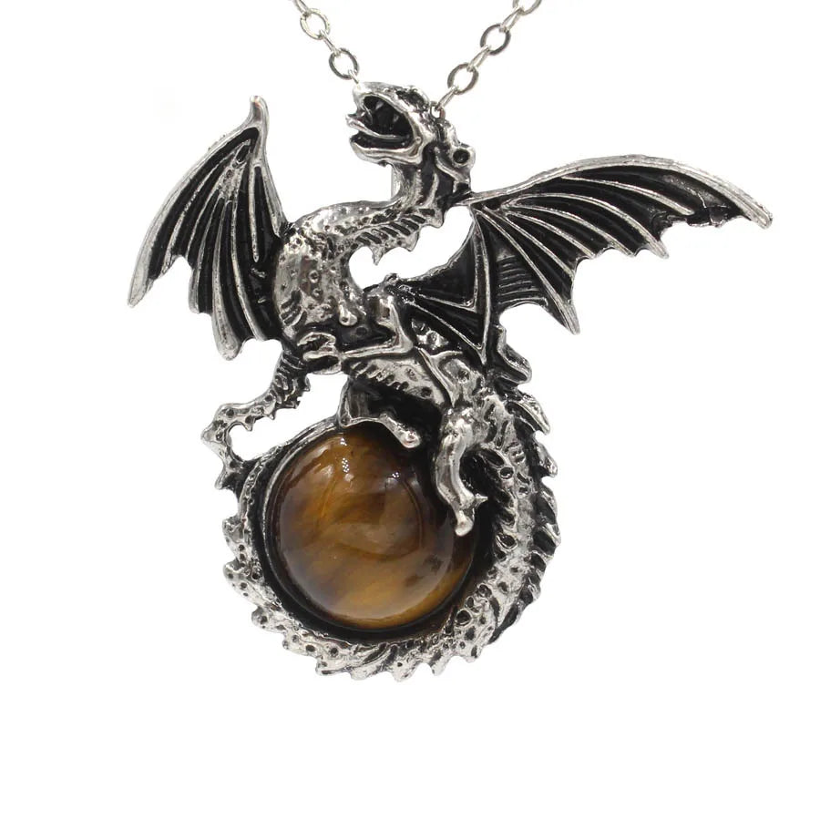 Unique Crystal Necklace Natural Gemstone Necklace Dragon Pendants Jewelry Dinosaur Silver Dragon Pendant Necklace for Gifts