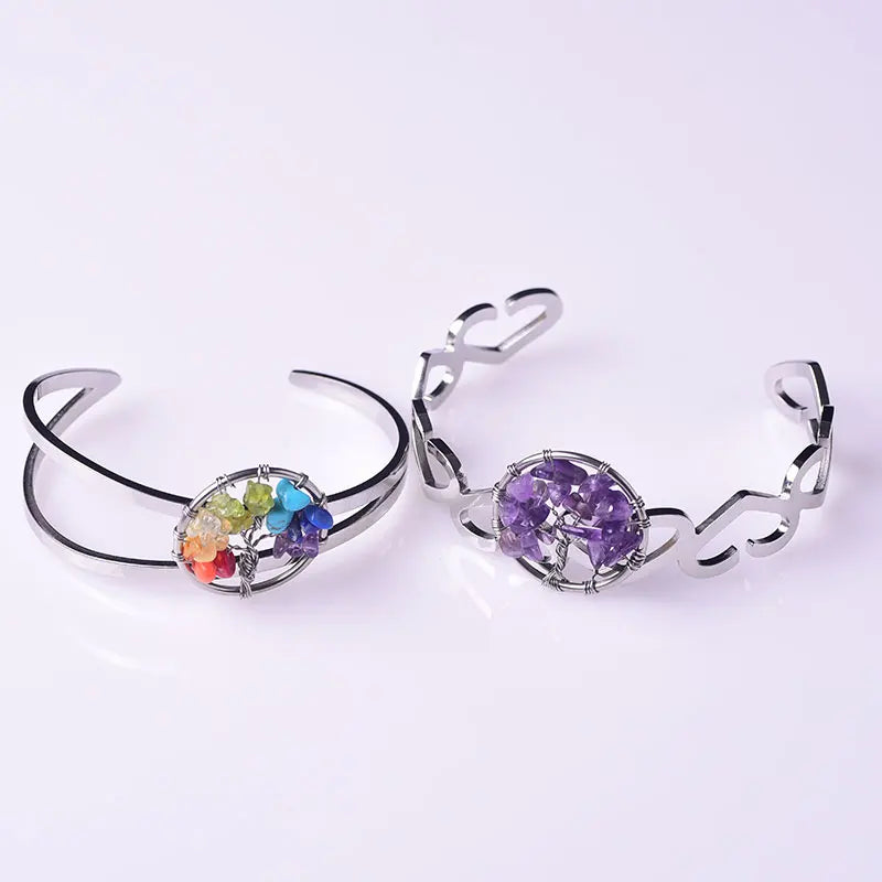 Women Chakra Tree of Life Amethyst Bangle Wisdom Tree Natural Stone Bracelet for Fengshui