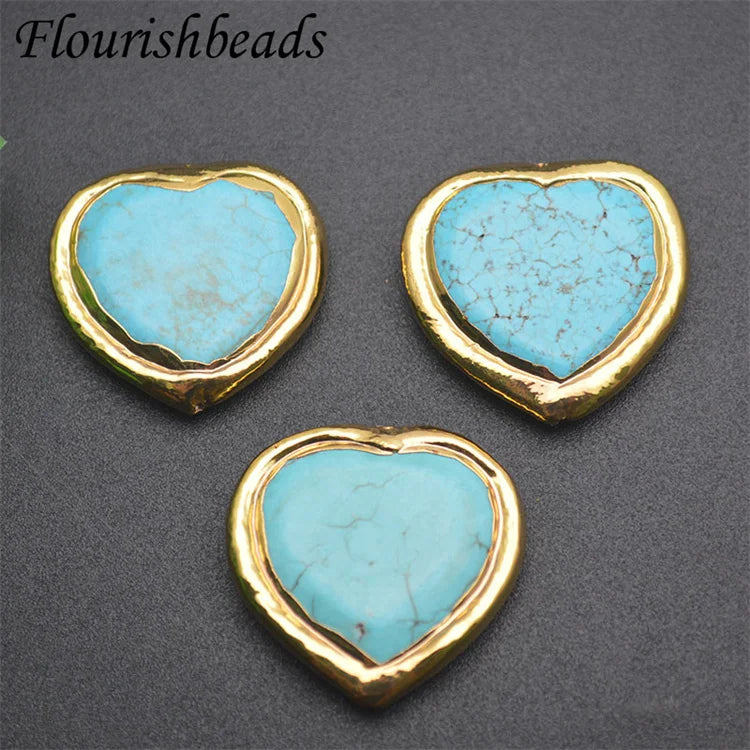 Wholesale Gold Plated Big Size Synthetic Heart Turquoise Stone Beads for DIY Fashion Woman Jewelry Bracelet Making