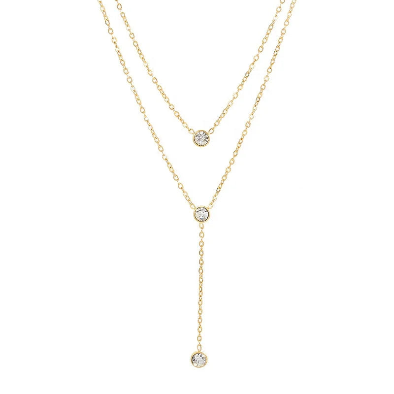 PVD 18k Gold Plated Stainless Steel Drop Diamond Double Layers Chain Y Shaped Form Necklace for Women