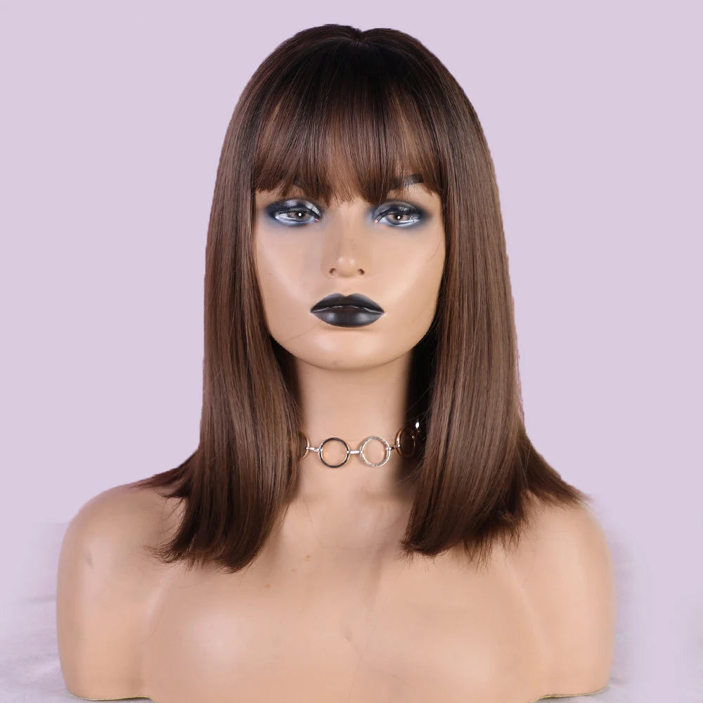 Short Wigs for Women Highlight Ombre Dark Brown Bob Wigs With Bangs Short Cut Bob Straight Women Wig