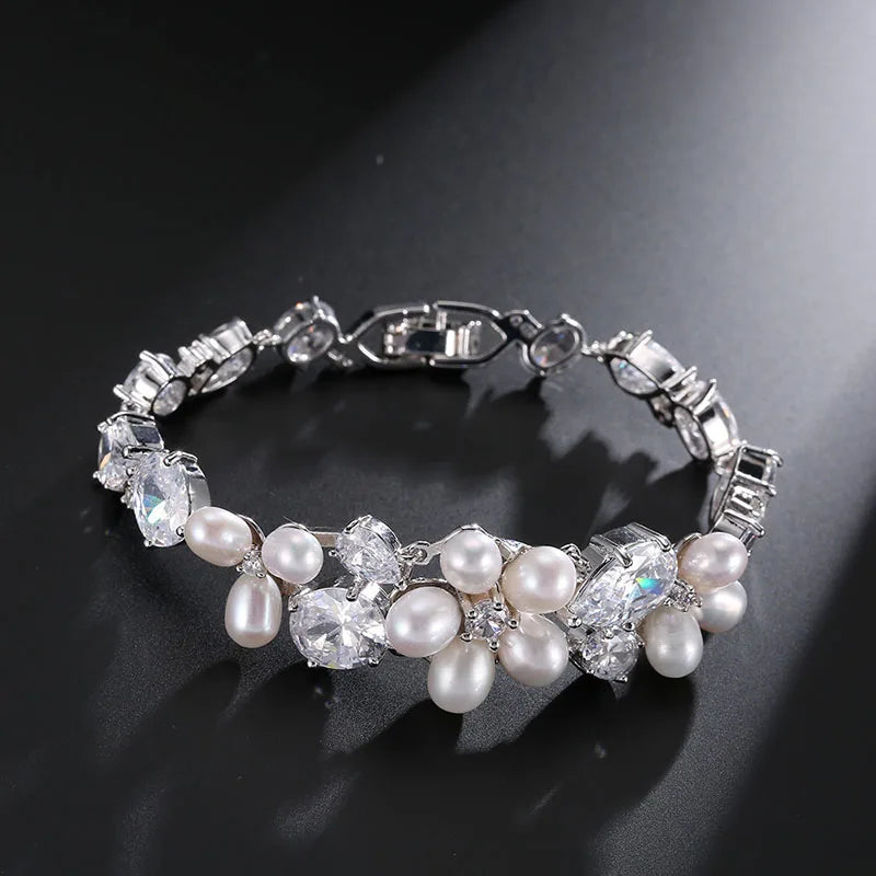 SLBRIDAL Sparkling Trendy Fashion Pearls Cubic Zircon Bracelet Girls CZ Daily Bracelet Wedding Bridal Bridesmaids Women Jewelry