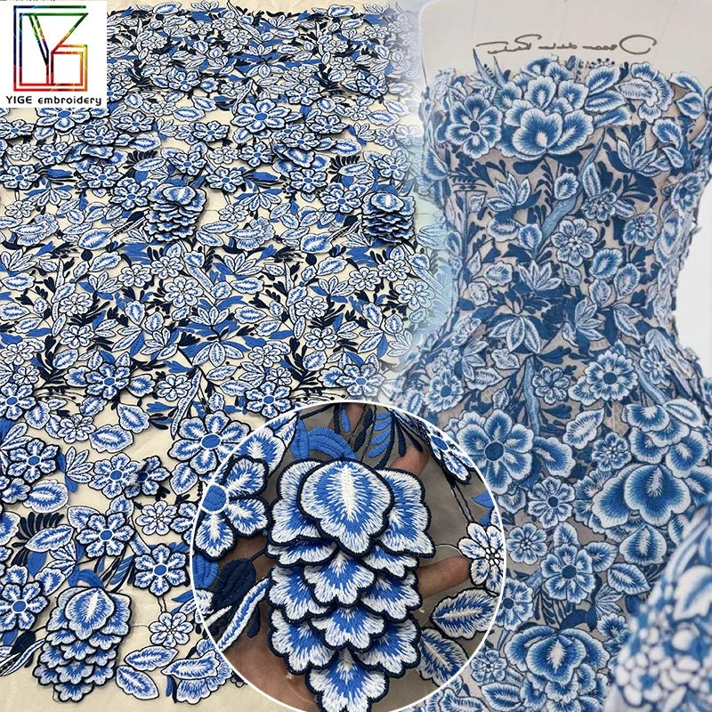 Bridal Fabric for Wedding Dress Good-looking Multi-Color 3D Flower Navy Blue Lace Embroidered Tulle Mesh Fabric