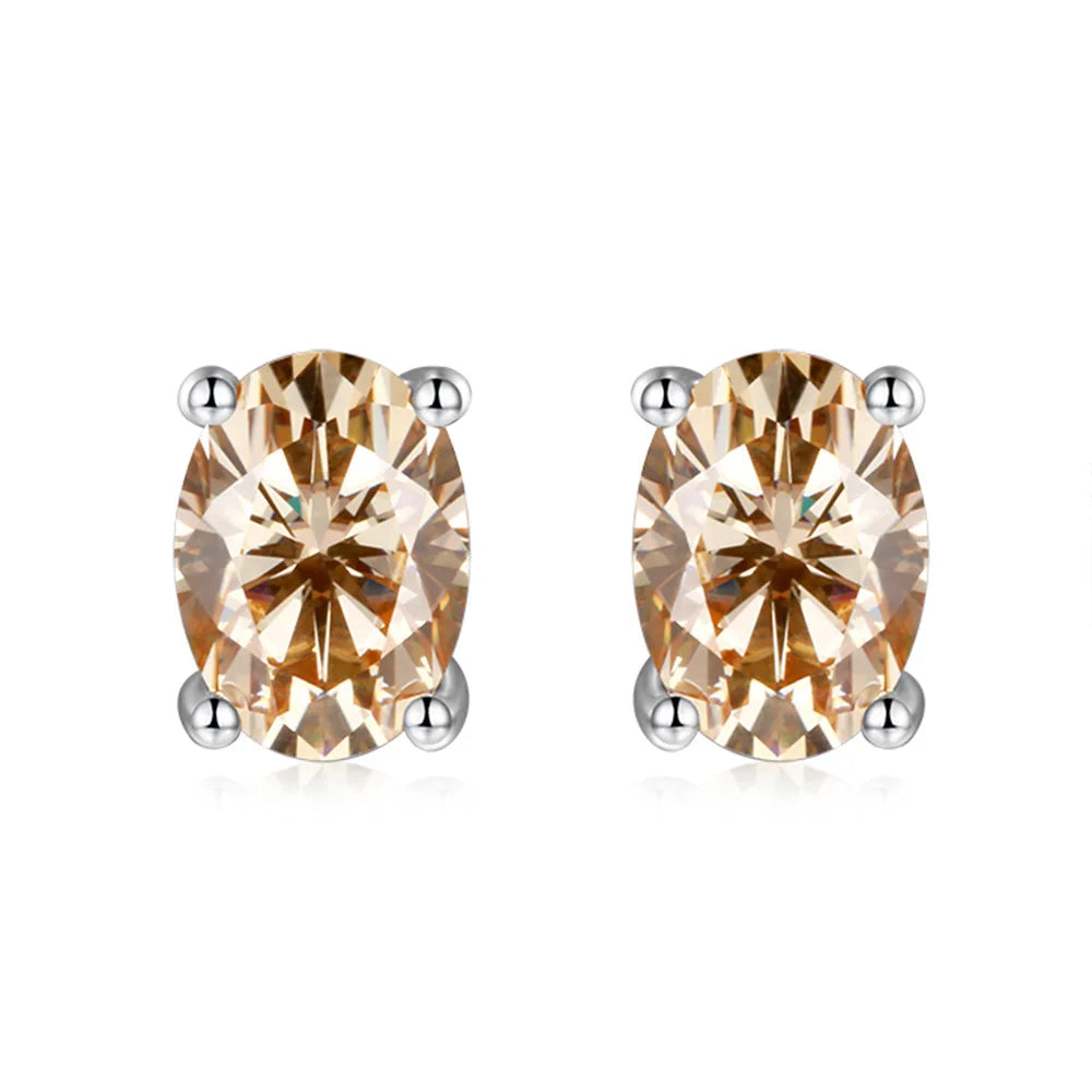 Aimgal Designer Four Claw Stud Earrings: 1ct Oval Cut Colorful Moissanite D-VVS1 3EX in 18K Gold Plated S925 Silver