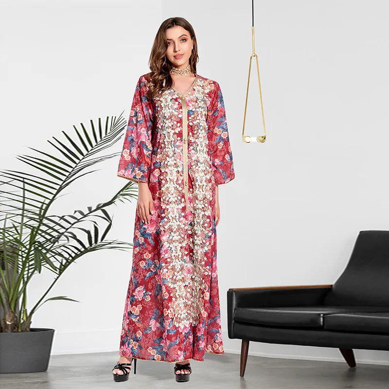 Middle East 2021 Sweet Long Handmade Embroidered Turkey Abaya Muslim Dress Fashion Women Abaya Dubai Arabian Dress