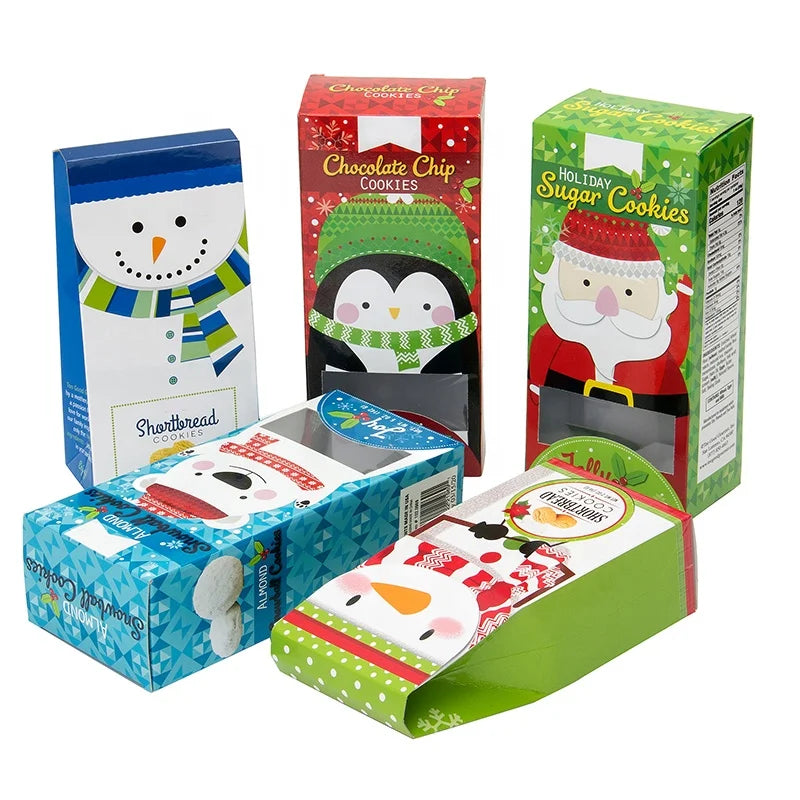 Custom Christmas Snowman Design Foldable Cardboard Paper Biscuit Cookie Packaging Boxes with clear Window