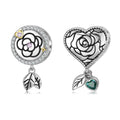 Heart Shape Rose Pattern Charm with Leaf Dangle 925 Sterling Silver Bead with CZ for Women Fine Charm Bead Jewelry Bracelet Gift